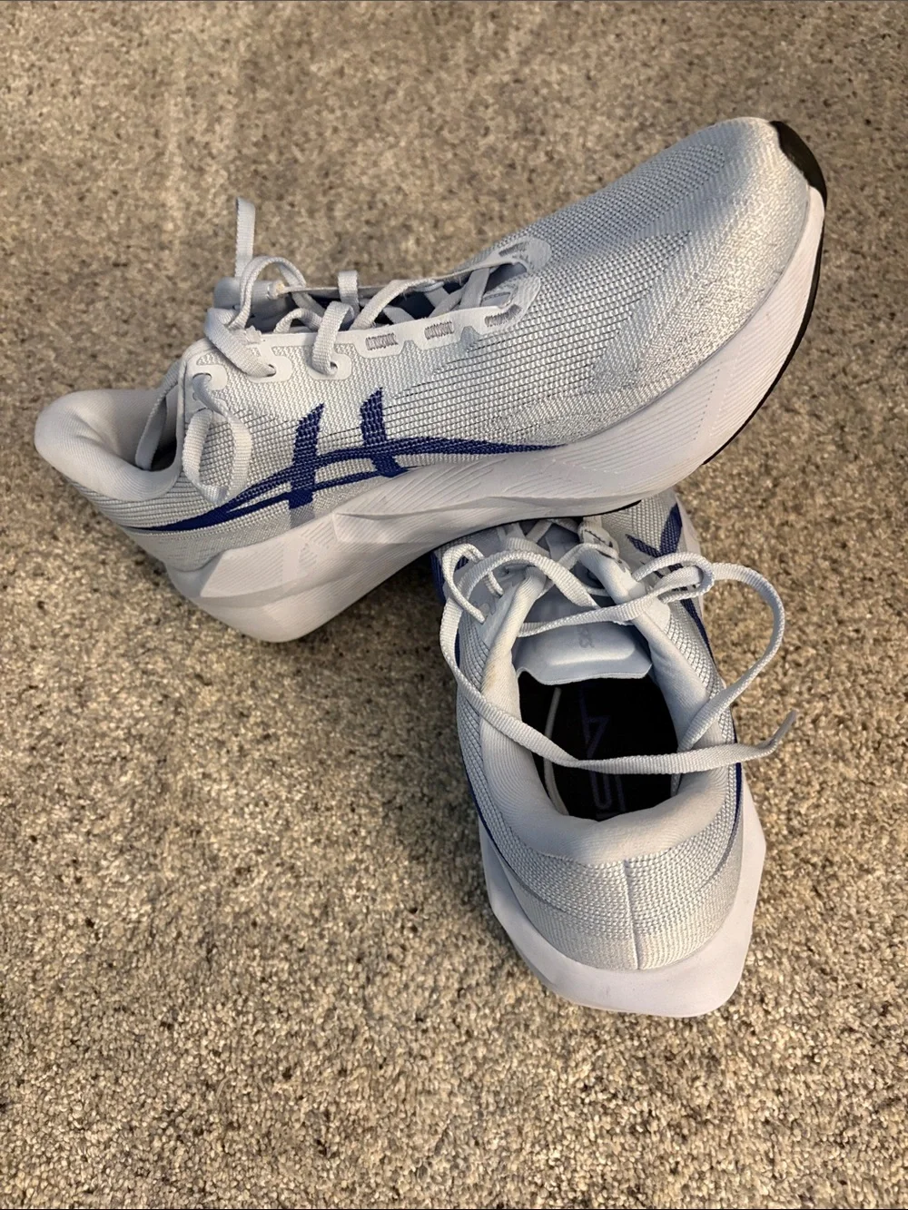 Asics Men’s Novablast 6 Light Gray Athletic Sneakers with Navy Stripes